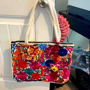 Beautiful White floral embroidered Mexican Purse